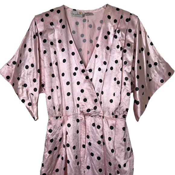 Liz Claiborne Vintage 80s Silk Pleated Polka Pot V-Neck Short Sleeve Jumpsuit 10 - Picture 3 of 10